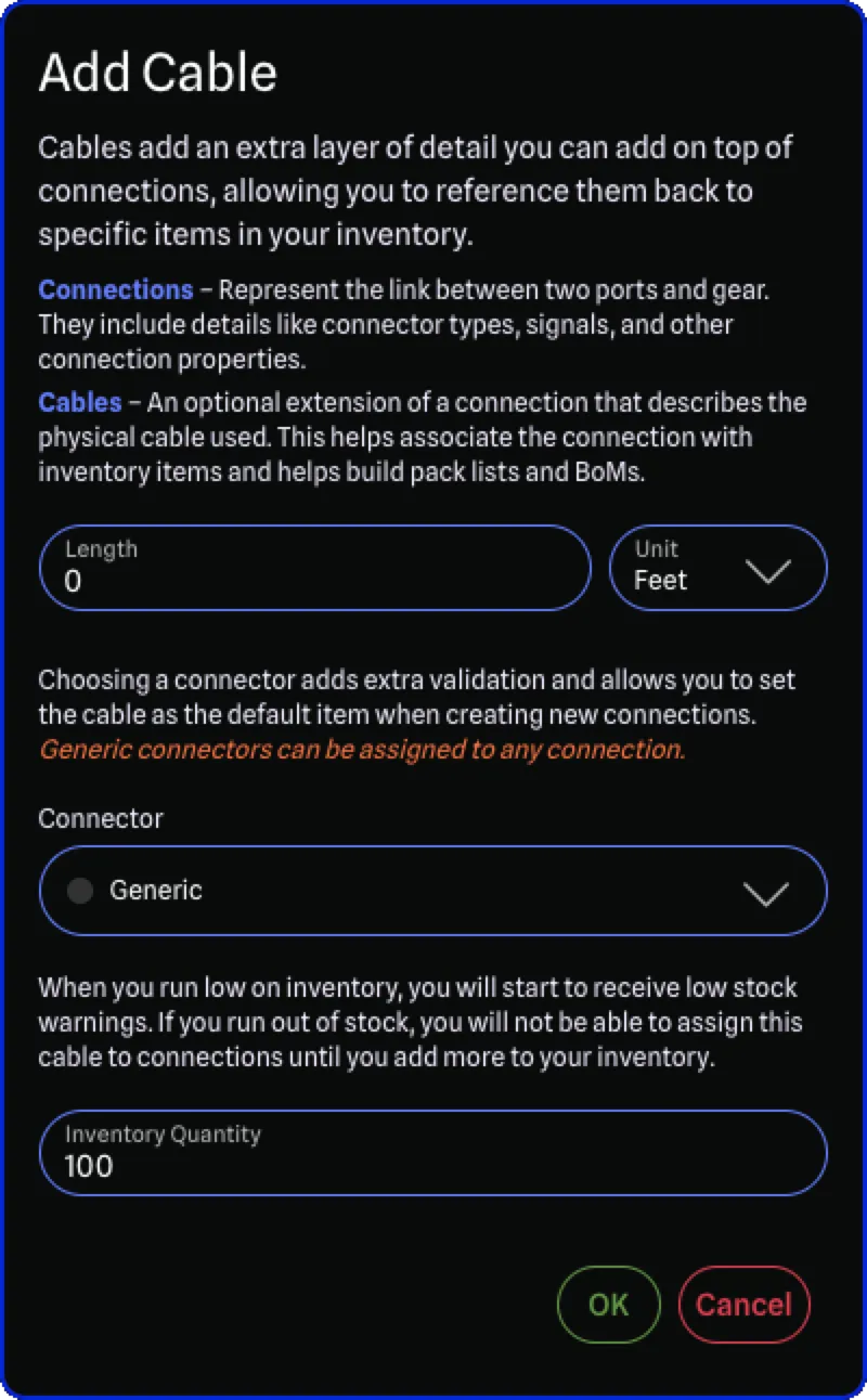 Add cable dialog