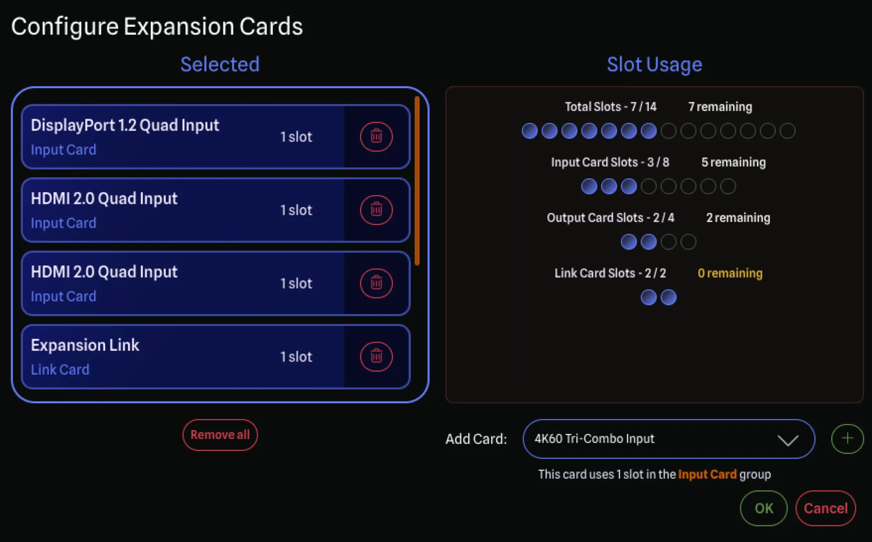 Add Gear dialog with expansion cards Screenshot