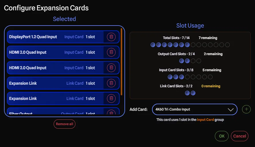 Add Gear dialog with expansion cards Screenshot
