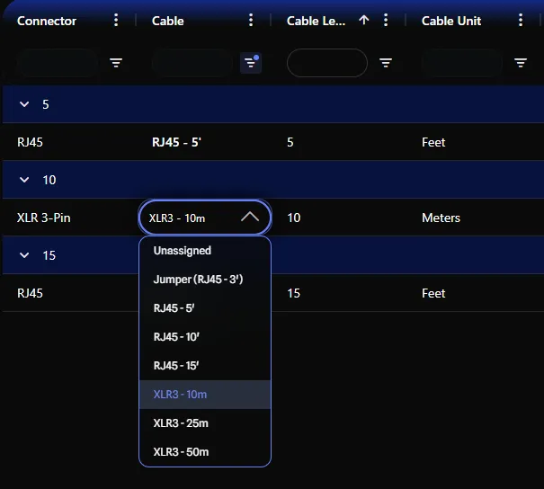 Assigning cable in reports