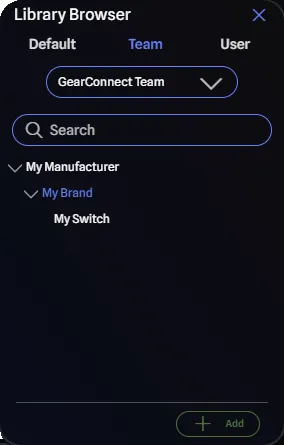 Library browser showing default, team, and user libraries