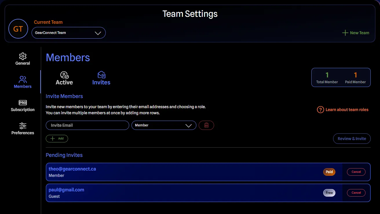 Team Settings - Members Tab Invites